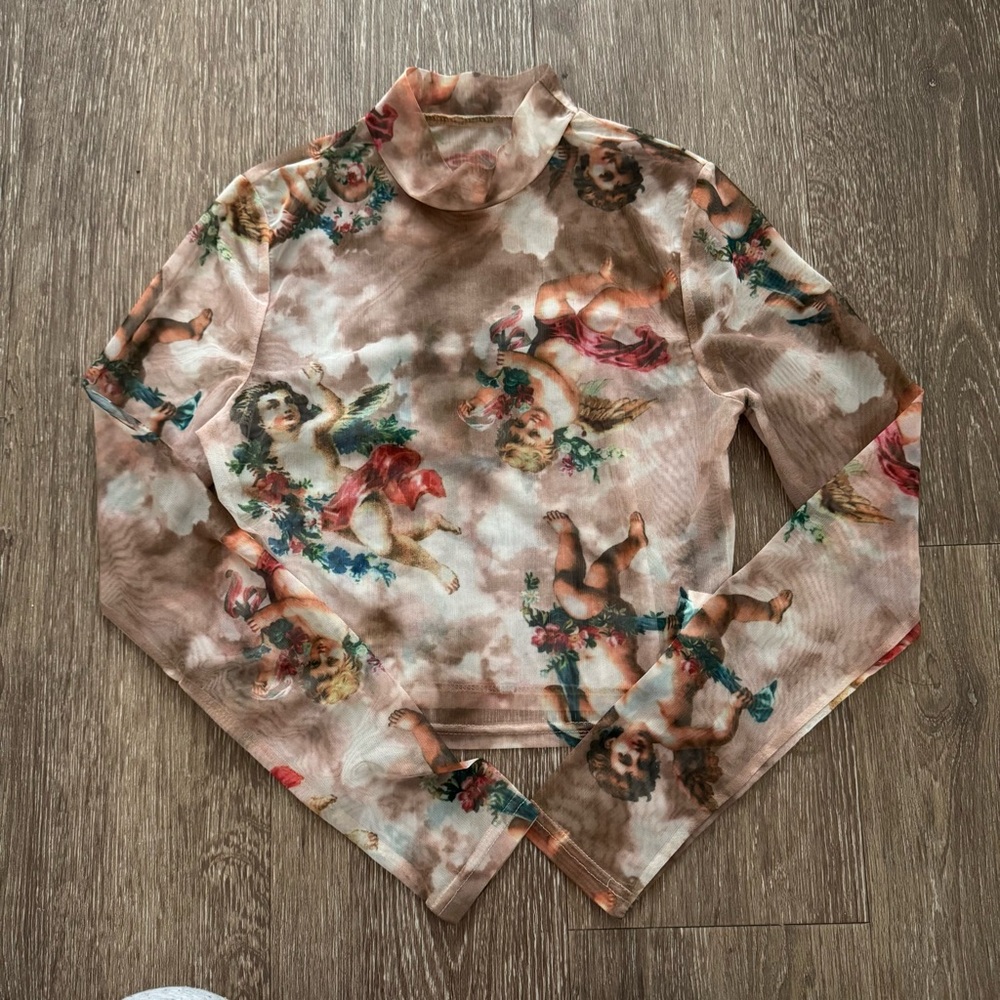 Angel Art Print Mesh Cropped Top